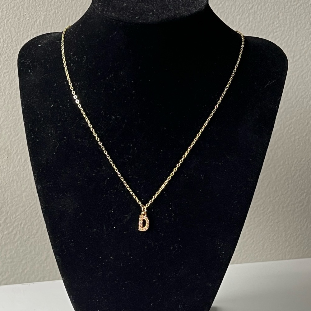 D initial Rhinestone Charm Necklace Gold Plated